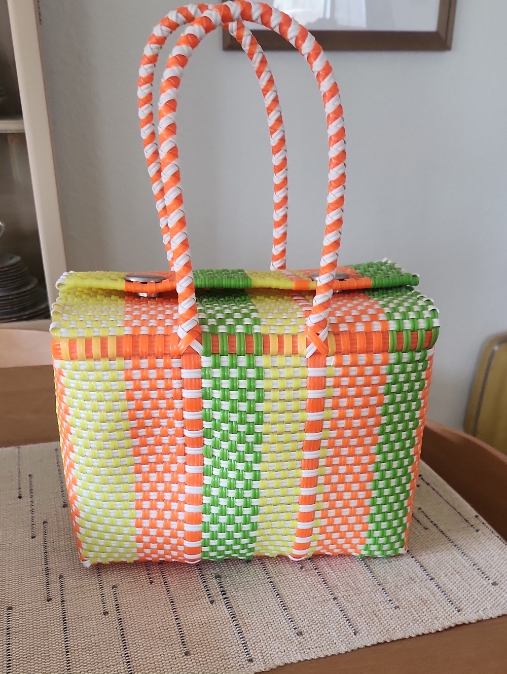 Woven Mexican Summer Tote Bag in Orange, Green & Yellow